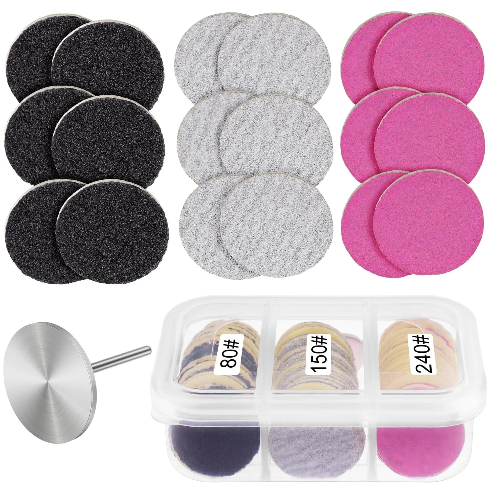 Rolybag 60Pcs Sanding Discs with Metal Mandrel Bit 25mm | 80/150/240 Grit Foot Callus Remover — 80 150 240 grit