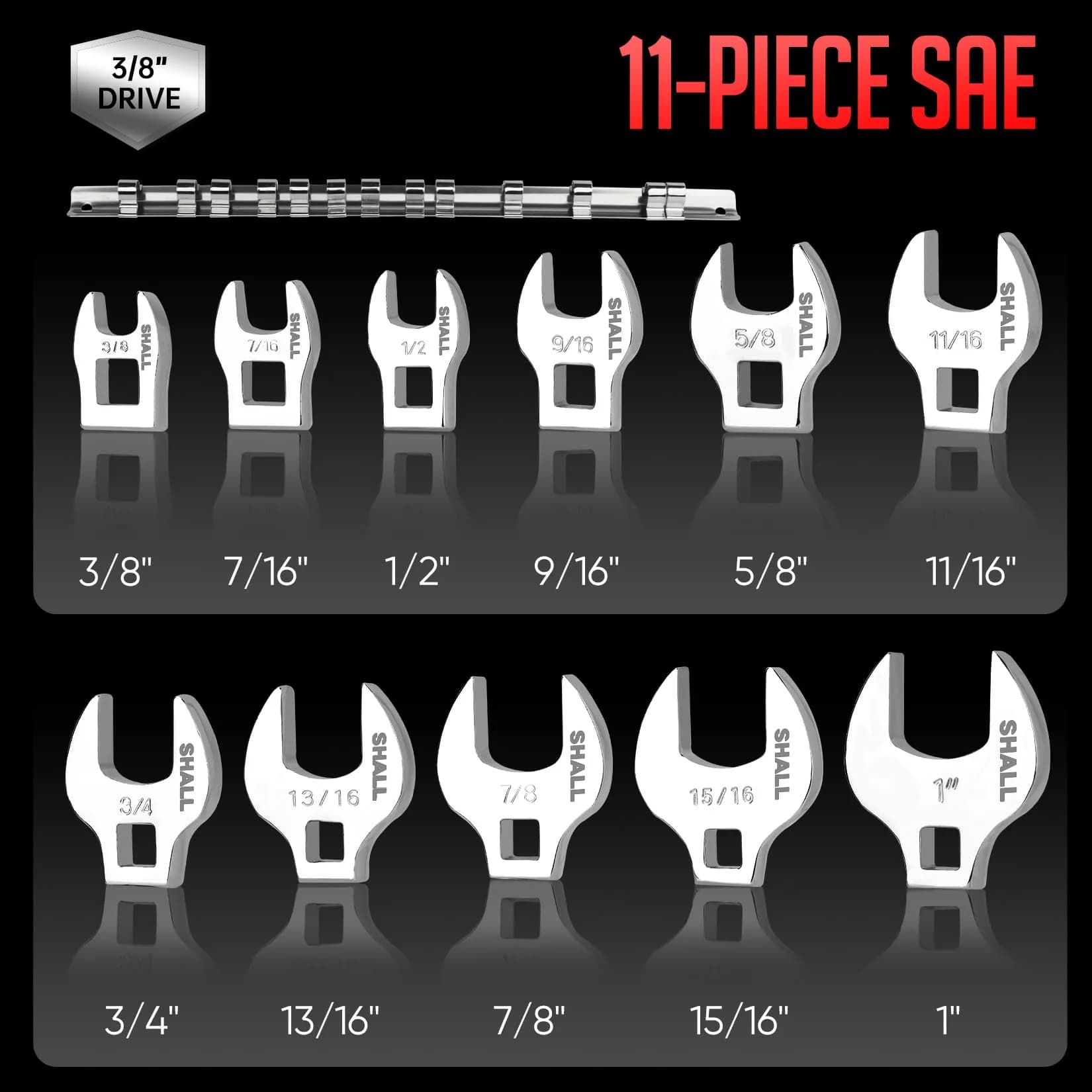 SHALL 3/8" Drive SAE Crowfoot Wrench Set, 11-Piece (9.5-25.4mm) | Access Tight Spaces - view 2