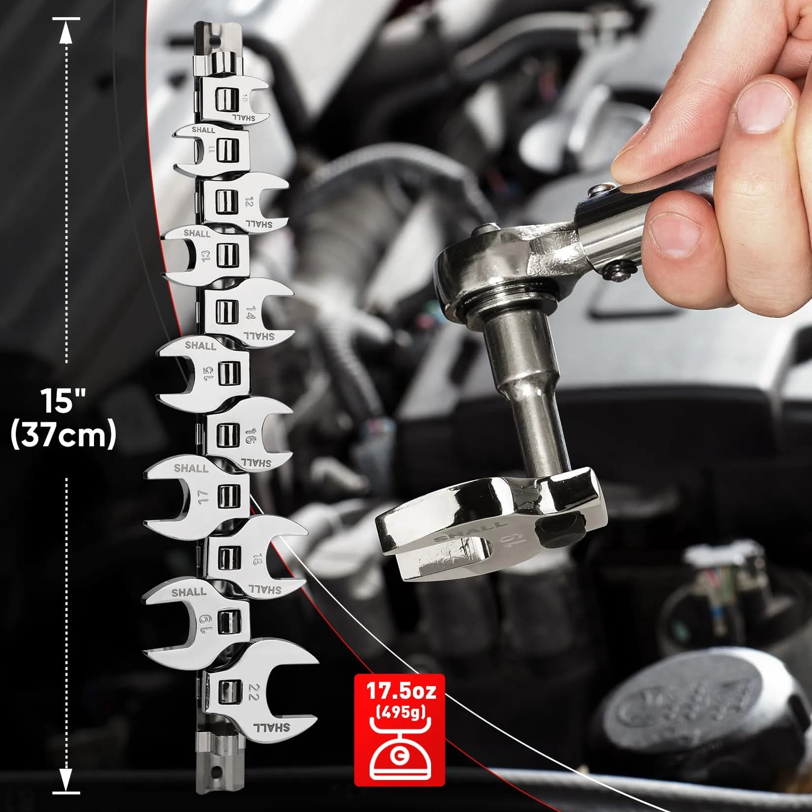 SHALL 3/8" Metric Crowfoot Wrench Set, 11-Piece (10-22mm) | Access Tight Spaces - view 5