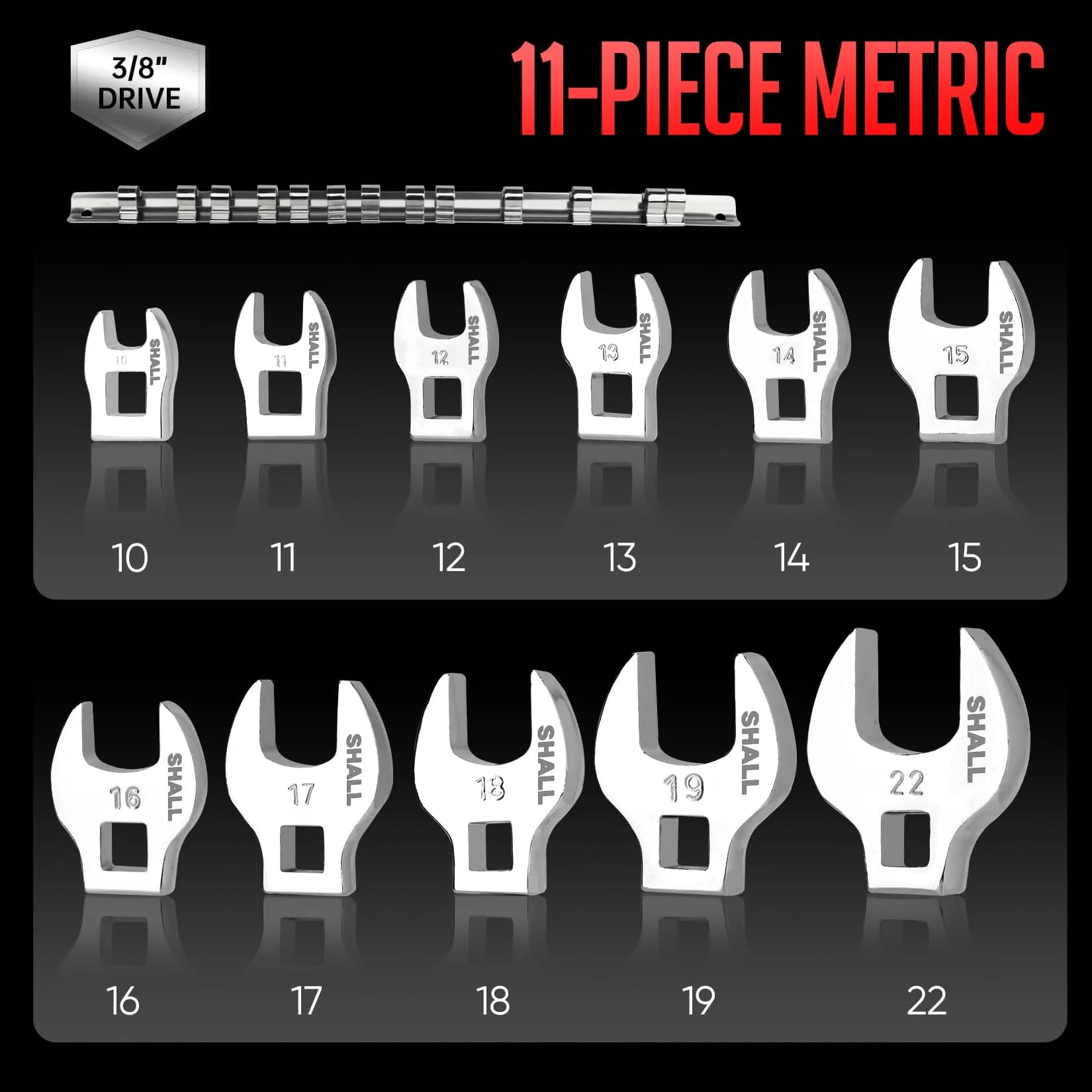 SHALL 3/8" Metric Crowfoot Wrench Set, 11-Piece (10-22mm) | Access Tight Spaces - view 2