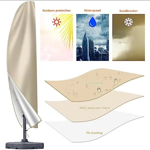 OKPOW Cantilever Patio Umbrella Cover Khaki 225cm (88.6in) | Heavy Duty 420D Oxford Fabric Waterproof UV Resistant thumbnail 2