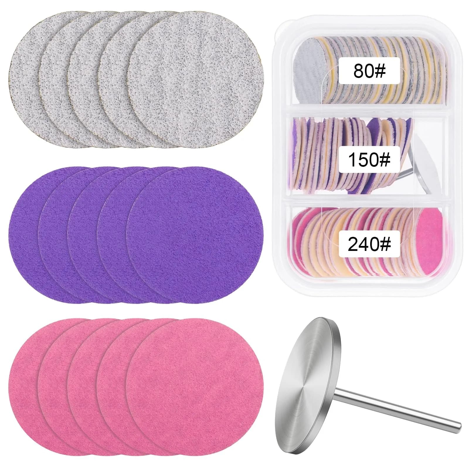 Difenni Metal Nail Drill Bit with 60 Sandpaper Discs | 25mm Coarse, Medium, Fine Grits for Manicure Pedicure — 62B - Mixed Zebra/Purple/Pink 80/150/240 Grit