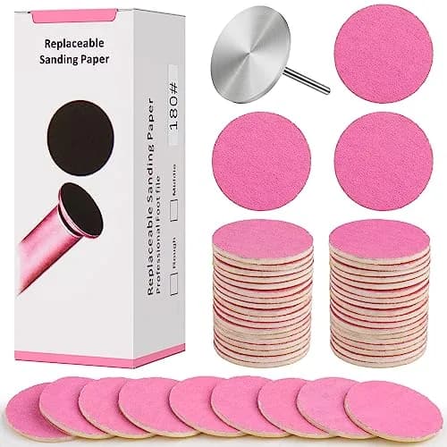 Difenni 100pcs Pink #180 Grit Sandpaper Discs with Metal Nail Drill Bit | 25mm (0.98 inch) thumbnail 1