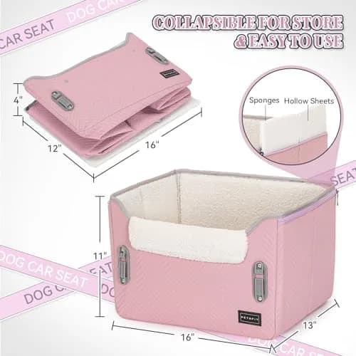 Petsfit Dog Car Seat for Small Dogs 16"L x 13"W x 11"H | Portable, Adjustable & Safe (Light Pink) thumbnail 8
