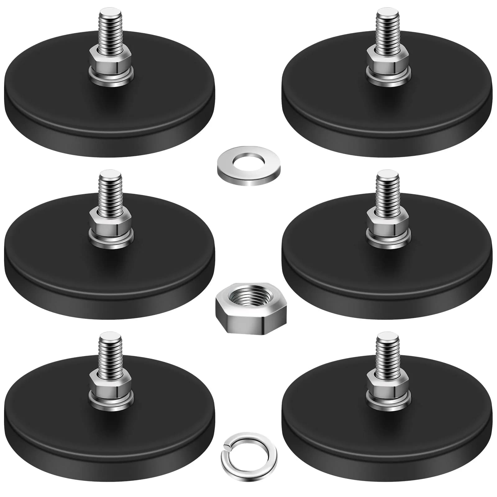 DIYMAG Rubber Coated Neodymium Disc Magnets 6.6cm (2.6in) Diameter, 65lb Pull Force, 6-Pack | Heavy Duty Magnetic Mounts with M6 Threaded Studs — M5-30LB-1.69in