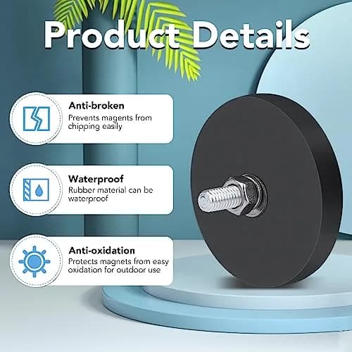 DIYMAG Rubber Coated Neodymium Magnets 1.69in (43mm) Diameter, 30lb Pull Force, 6-Pack | Heavy Duty Industrial Magnets with M5 Threaded Studs thumbnail 4