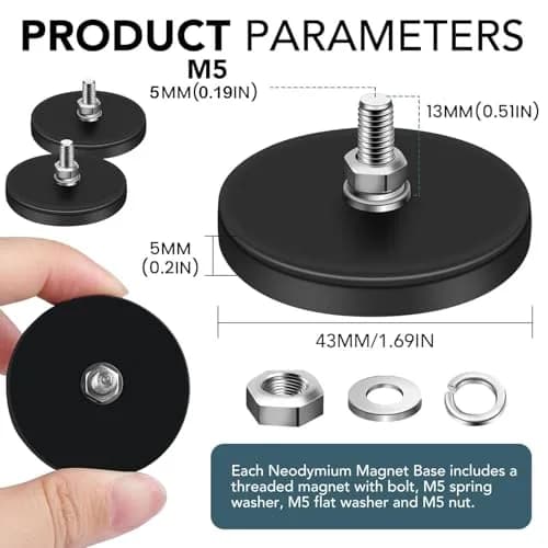 DIYMAG Rubber Coated Neodymium Magnets 1.69 inch Diameter, 30 lb Pull Force, 12-Pack | Heavy Duty Magnetic Mounts with M5 Threaded Studs thumbnail 2