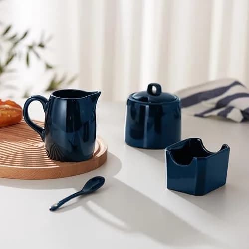 KooK Sugar and Creamer Set, 3 Piece | Ceramic, Navy, Compact & Dishwasher Safe thumbnail 5