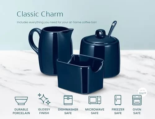 KooK Sugar and Creamer Set, 3 Piece | Ceramic, Navy, Compact & Dishwasher Safe thumbnail 6