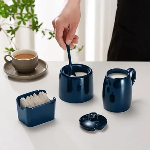 KooK Sugar and Creamer Set, 3 Piece | Ceramic, Navy, Compact & Dishwasher Safe thumbnail 3