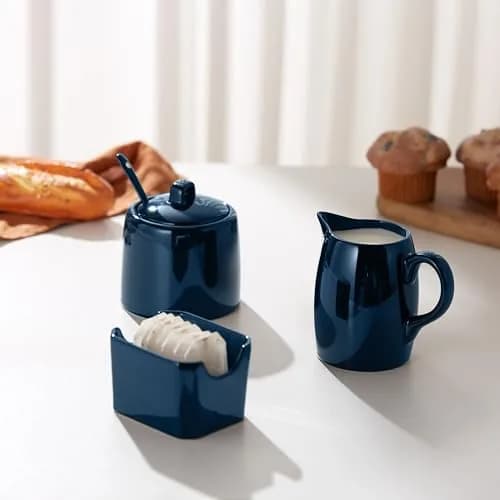 KooK Sugar and Creamer Set, 3 Piece | Ceramic, Navy, Compact & Dishwasher Safe thumbnail 4
