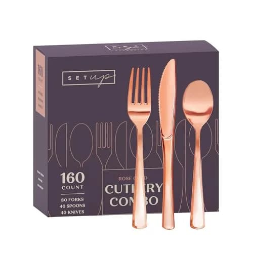 SETUP Disposable Silverware Rose Gold Combo Cutlery 160 Count | Heavy Duty, Elegant Design for Parties & Daily Use thumbnail 1