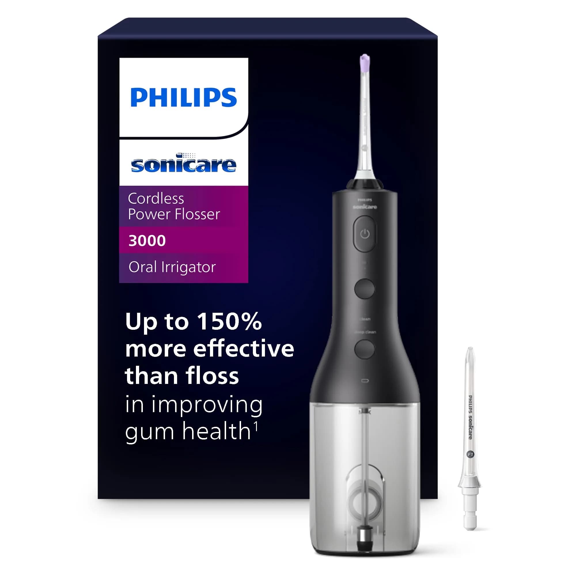 Philips Sonicare Cordless Power Flosser 3000 White Oral Irrigator | Quad Stream Technology — New Black + 2 Nozzles