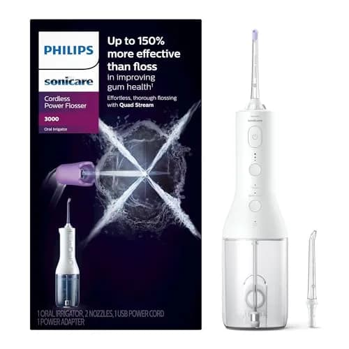 Philips Sonicare Cordless Power Flosser 3000 White Oral Irrigator | Quad Stream Technology — New White + 2 Nozzles