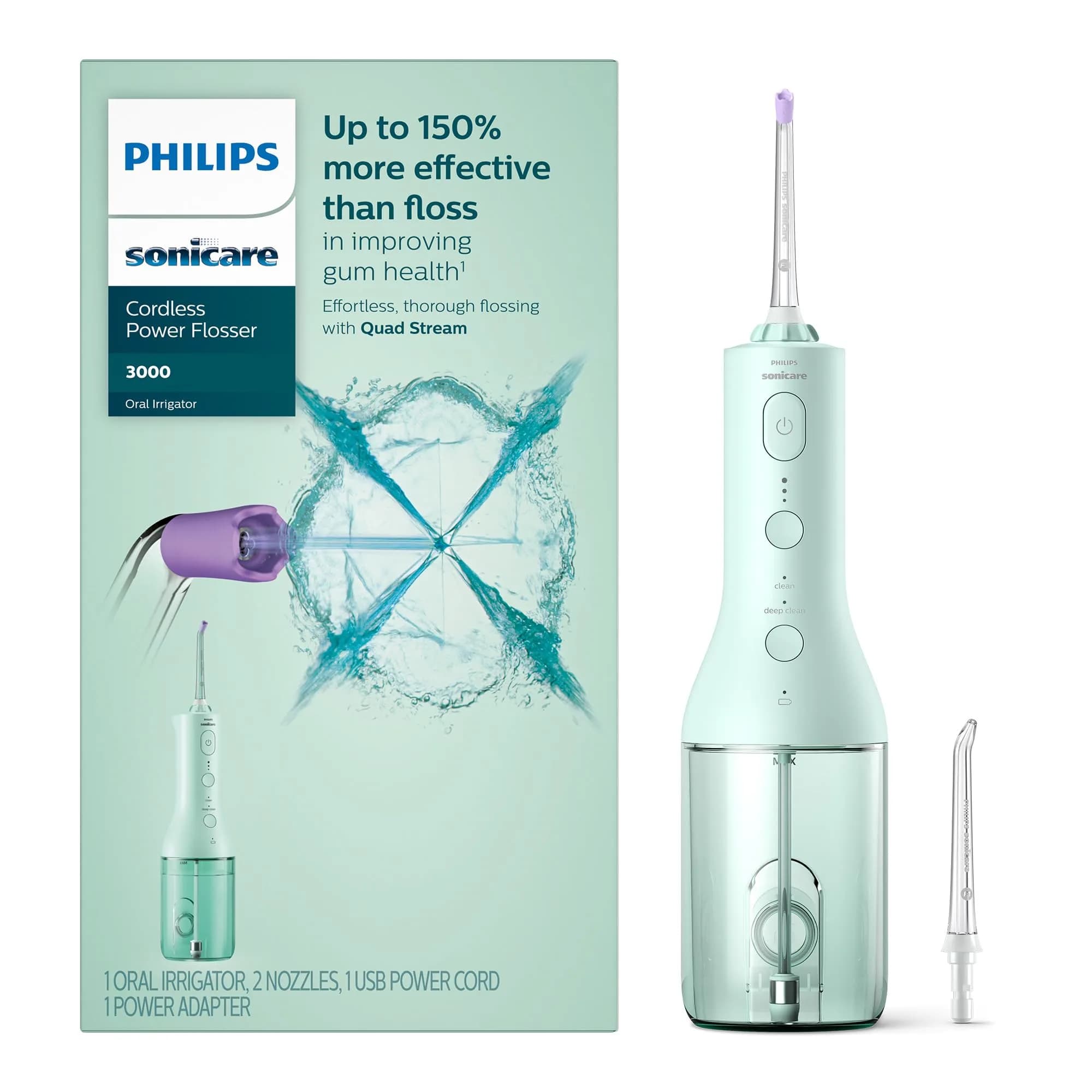 Philips Sonicare Cordless Power Flosser 3000 in New Mint with 2 Quad Stream Nozzles - main product image