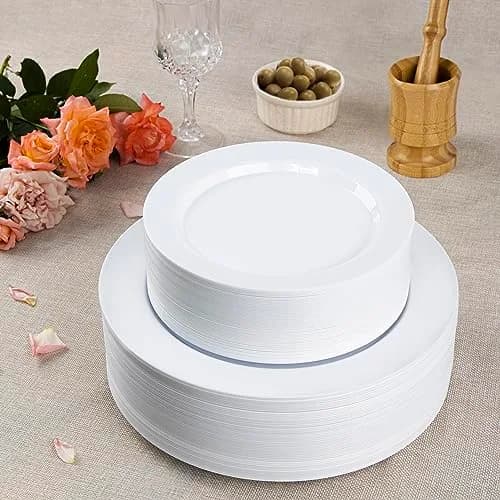 SETUP 60-Piece White Plastic Dinnerware Set – 30 10.25" Dinner & 30 7.5" Salad Plates – Heavy-Duty Disposable for Weddings, Catering, Parties thumbnail 5