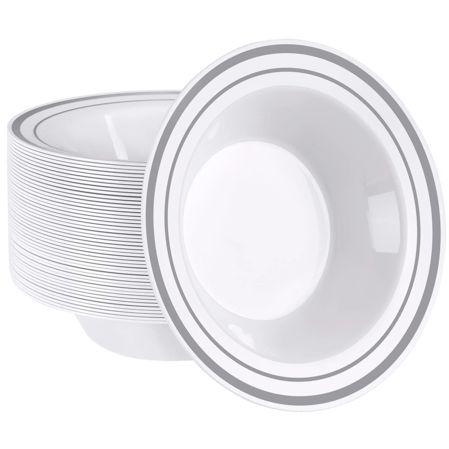 SETUP 12 oz. Disposable Dessert Soup Bowls with Silver Rim | Heavy-Duty Plastic, Elegant Design for All Occasions — Silver Trim Bowls