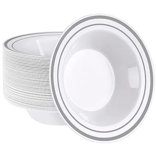 SETUP 12 oz. Disposable Dessert Soup Bowls with Silver Rim | Heavy-Duty Plastic, Elegant Design for All Occasions thumbnail 1