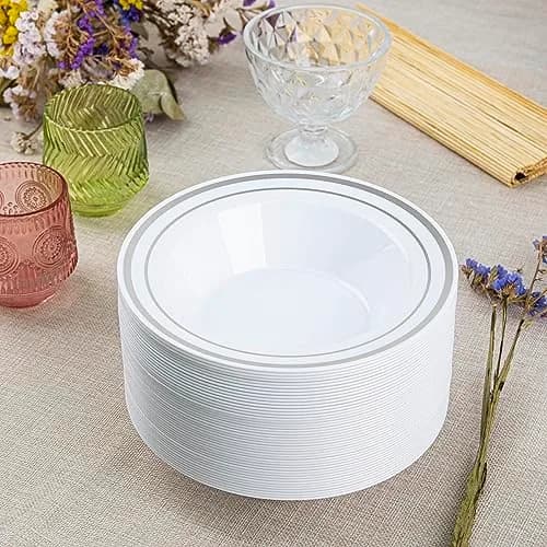 SETUP 12 oz. Disposable Dessert Soup Bowls with Silver Rim | Heavy-Duty Plastic, Elegant Design for All Occasions thumbnail 5