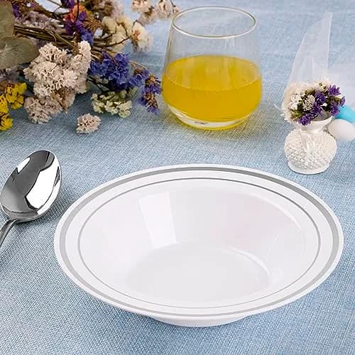 SETUP 12 oz. Disposable Dessert Soup Bowls with Silver Rim | Heavy-Duty Plastic, Elegant Design for All Occasions thumbnail 6