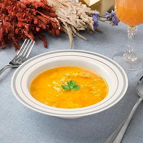 SETUP 12 oz. Disposable Dessert Soup Bowls with Silver Rim | Heavy-Duty Plastic, Elegant Design for All Occasions thumbnail 3