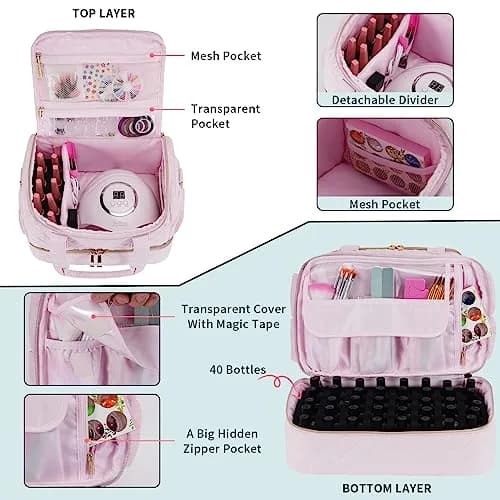 VOFIpremiAm Nail Polish Organizer Case | 50 Bottle Capacity Waterproof Pink thumbnail 5
