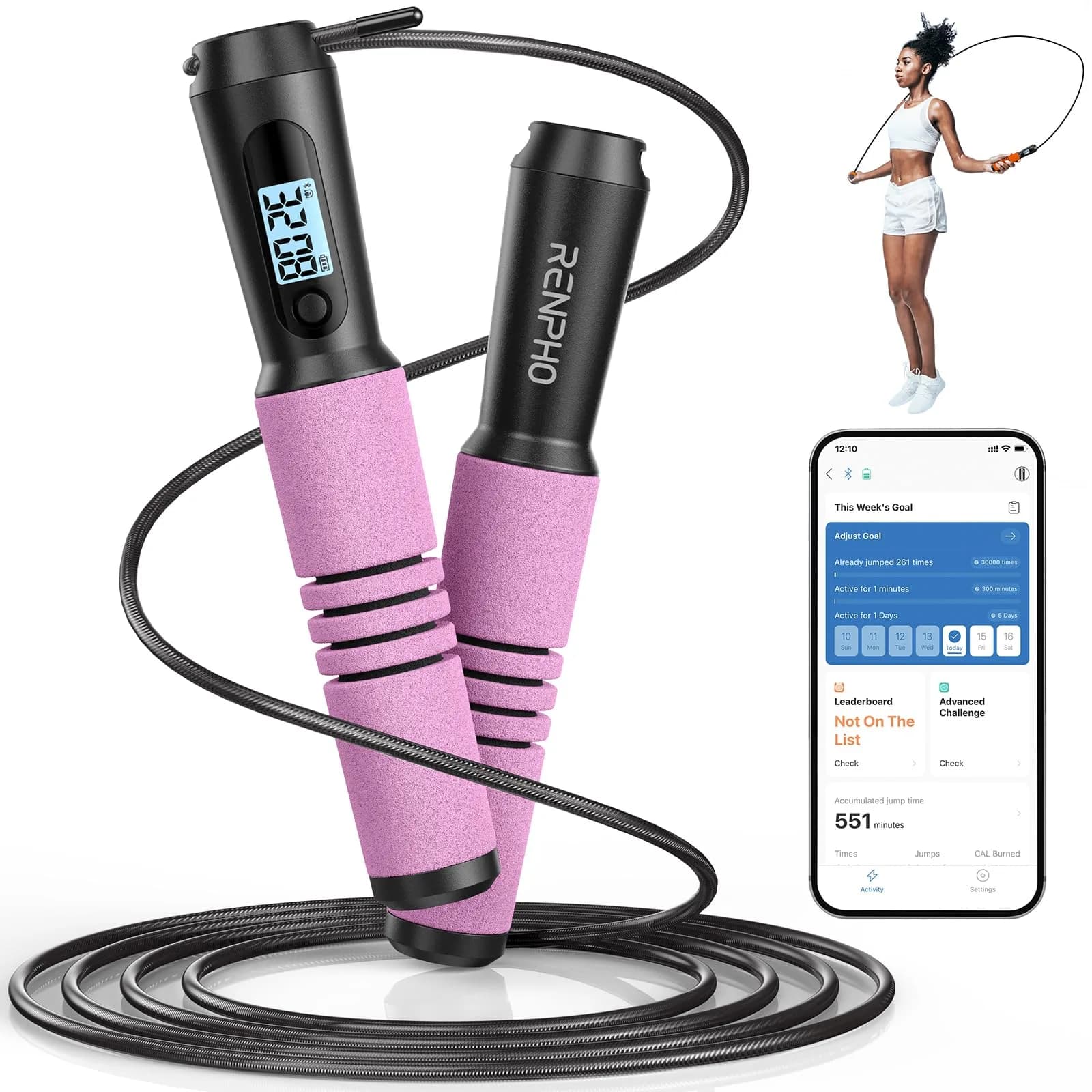 RENPHO Smart Jump Rope with Counter | App Data Tracking, LCD Display, Pink