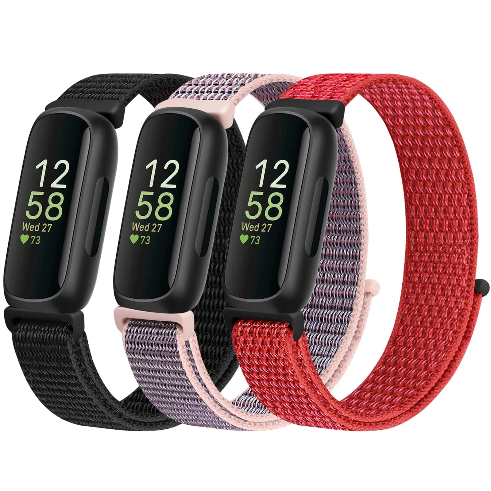 WNIPH 3-Pack Nylon Bands for Fitbit Inspire 3/2/HR/Ace 3/2: Dark Black, Pink Sand, Red - main product image