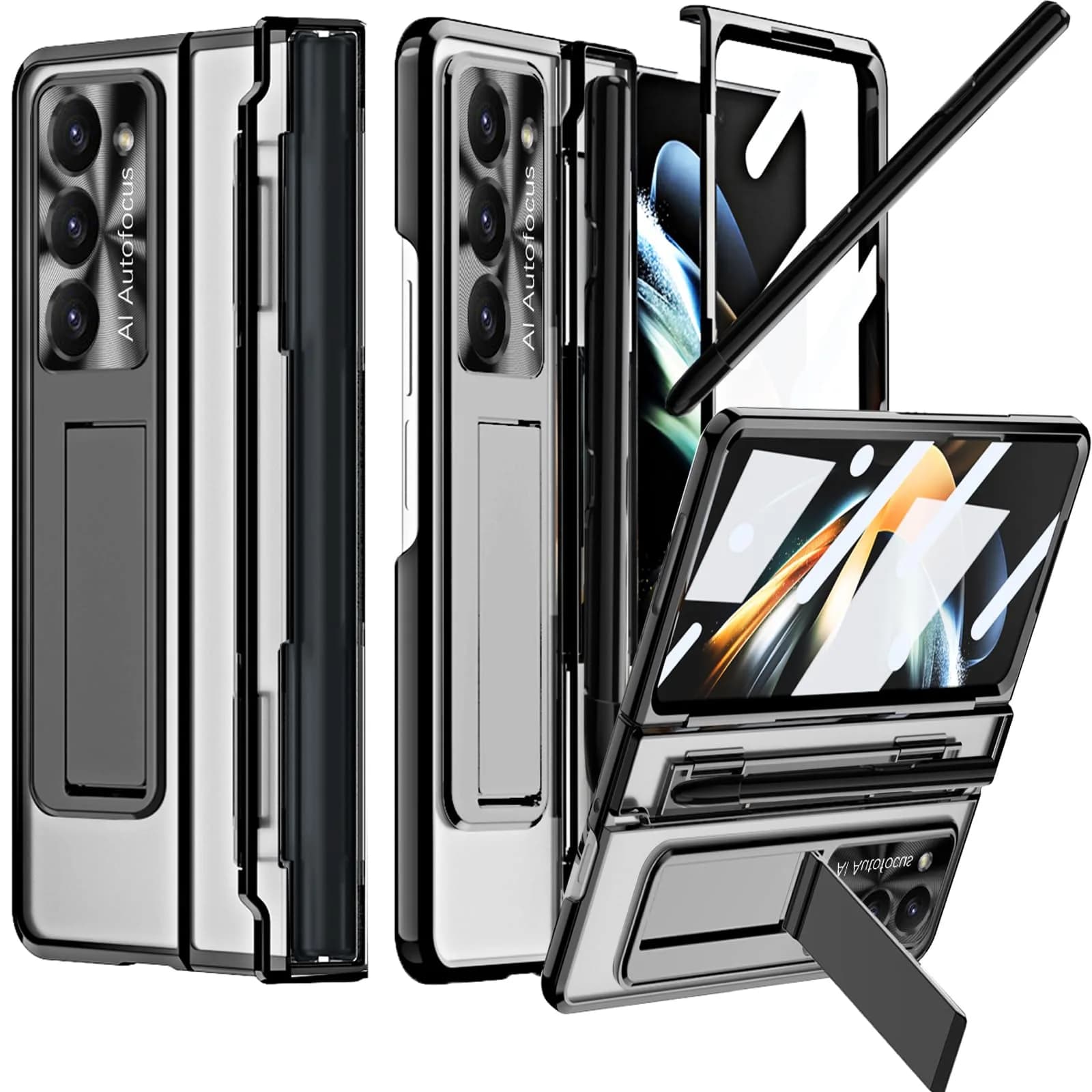 NINKI Samsung Z Fold 5 Case with S Pen & Kickstand | 4-in-1 Hinge Clear Protective Cover — Black