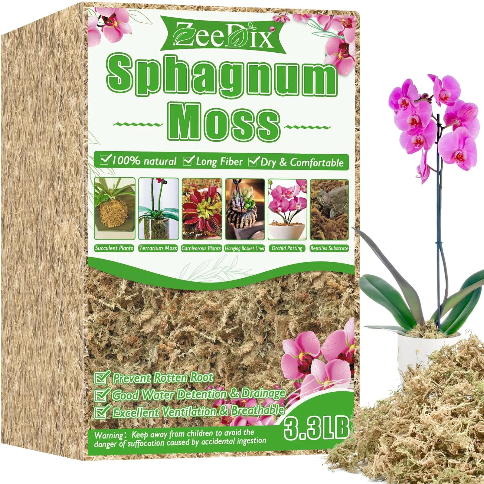 ZeeDix Premium Sphagnum Moss Bulk 1.46 kg (3.3 lb) | Natural Long Fiber for Plants & Reptiles - main product image