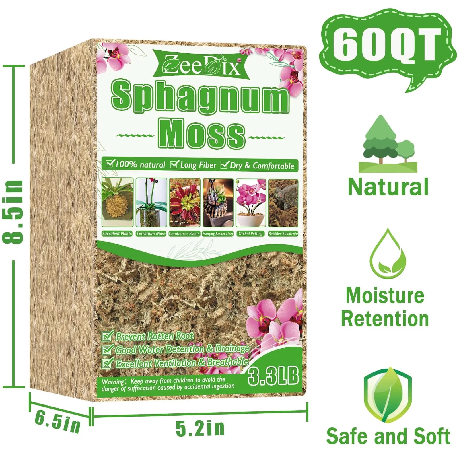 ZeeDix Premium Sphagnum Moss Bulk 1.46 kg (3.3 lb) | Natural Long Fiber for Plants & Reptiles - view 2