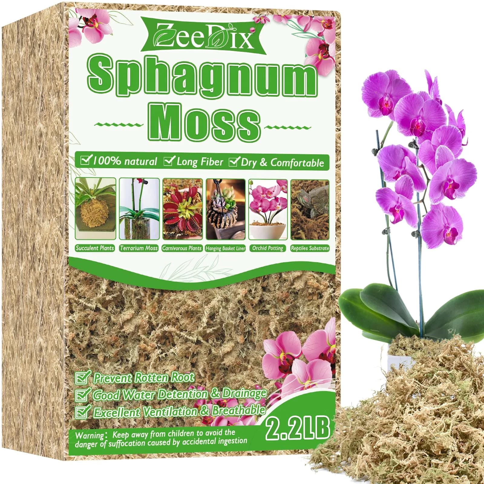 ZeeDix Premium Sphagnum Moss Bulk 2.2 lb (998g) | Natural Long Fiber for Plants & Reptiles - main product image