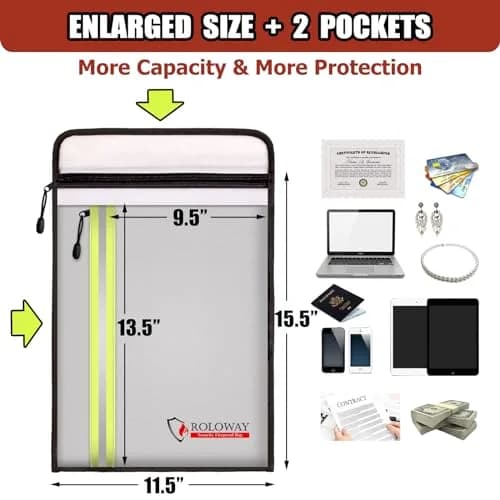 ROLOWAY 5200℉ Silver Fireproof Document Bag 15.5 x 11.5 inch with 2 Pockets - view 4