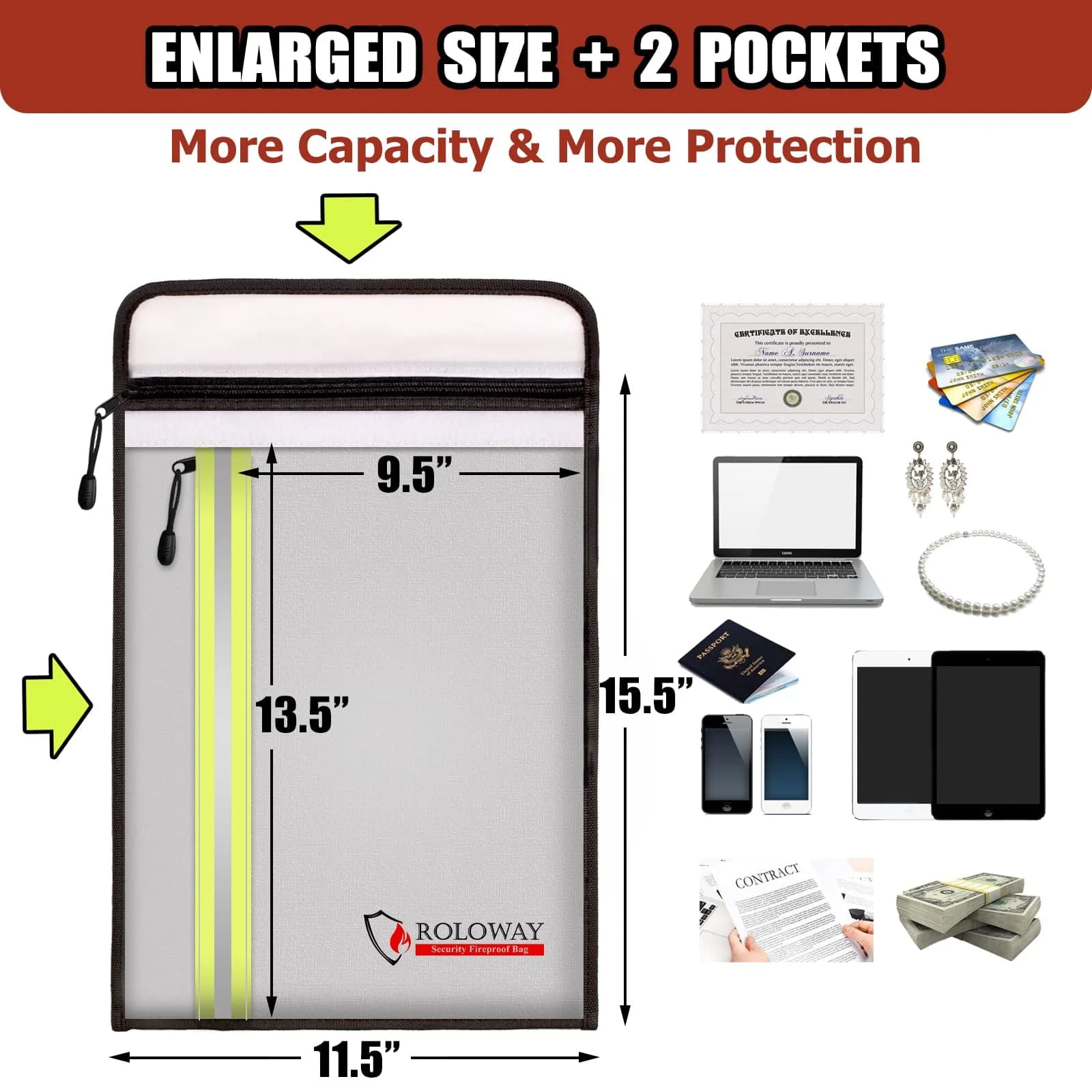 ROLOWAY Fireproof Document Bag (15.5 x 11.5 inch) with 2 Pockets and 5200℉ Aluminum Foil Layer, Fireproof Bag for Document Safe (Silver) thumbnail 4