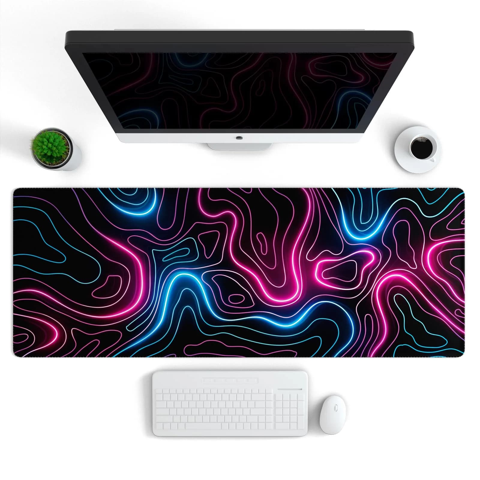 Ovenbird Neon Topo Extended Gaming Mouse Pad - Pink & Blue Topographic Map XL Desk Mat - view 2
