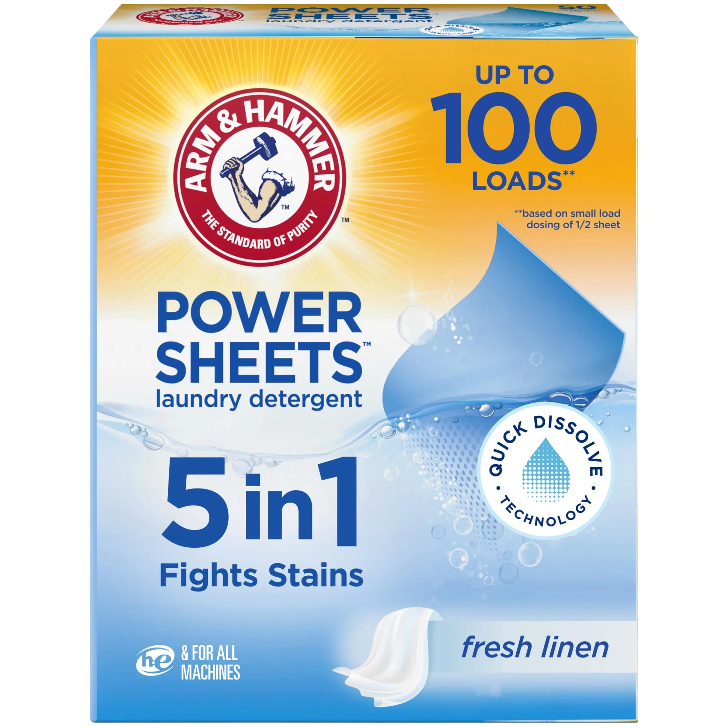 Arm & Hammer 5-in-1 Power Sheets Laundry Detergent, Fresh Linen, 50 Count | Eco-Friendly Concentrated Formula - main product image