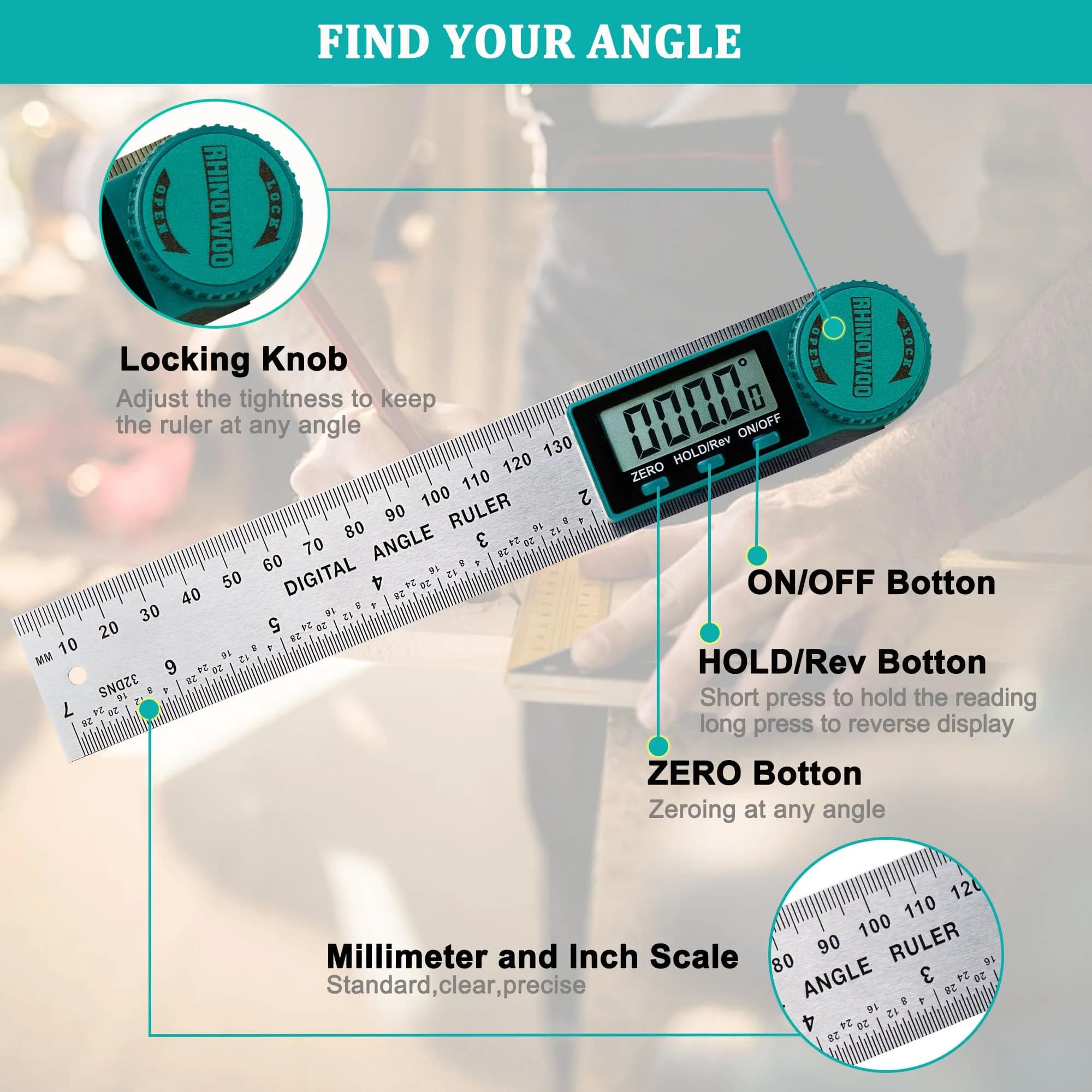 TBVHOMM Digital Angle Finder Protractor with 200mm Ruler | Accurate Angle Measurement Tool for Woodworking, Construction, and DIY (Stainless Steel) - view 3
