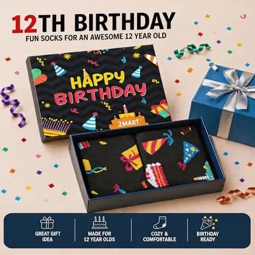 Zmart 12th Birthday Socks Gift Box - Celebration for 12 Year Old Boys & Girls Tween, Party Favors, Christmas Stocking Stuffer Present (1 Pair, Crew Length) thumbnail 4
