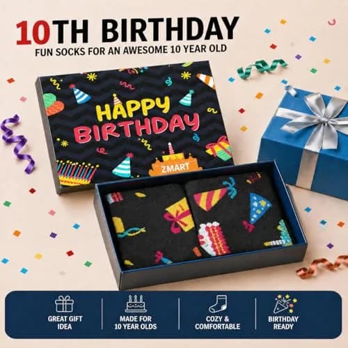 Zmart 10th Birthday Socks Gift Box - Celebration for 10 Year Old Boys & Girls | Comfortable Cotton Blend thumbnail 4