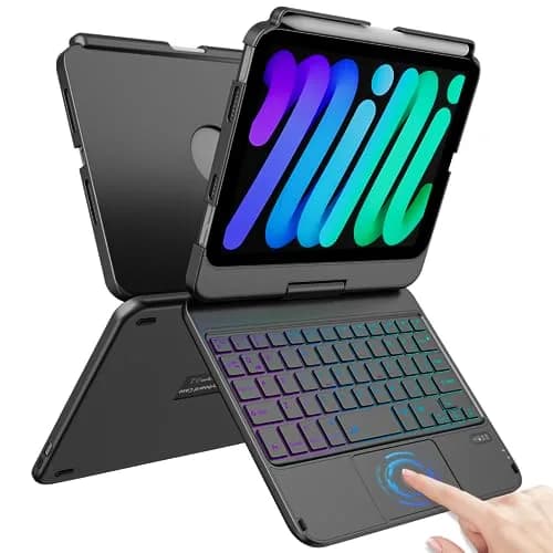 FUWANG Black Touch Keyboard Case for iPad mini 7/6 8.3-inch with Trackpad & Backlit Keys | 360° Rotating Stand thumbnail 1