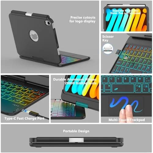 FUWANG Black Touch Keyboard Case for iPad mini 7/6 8.3-inch with Trackpad & Backlit Keys | 360° Rotating Stand thumbnail 6