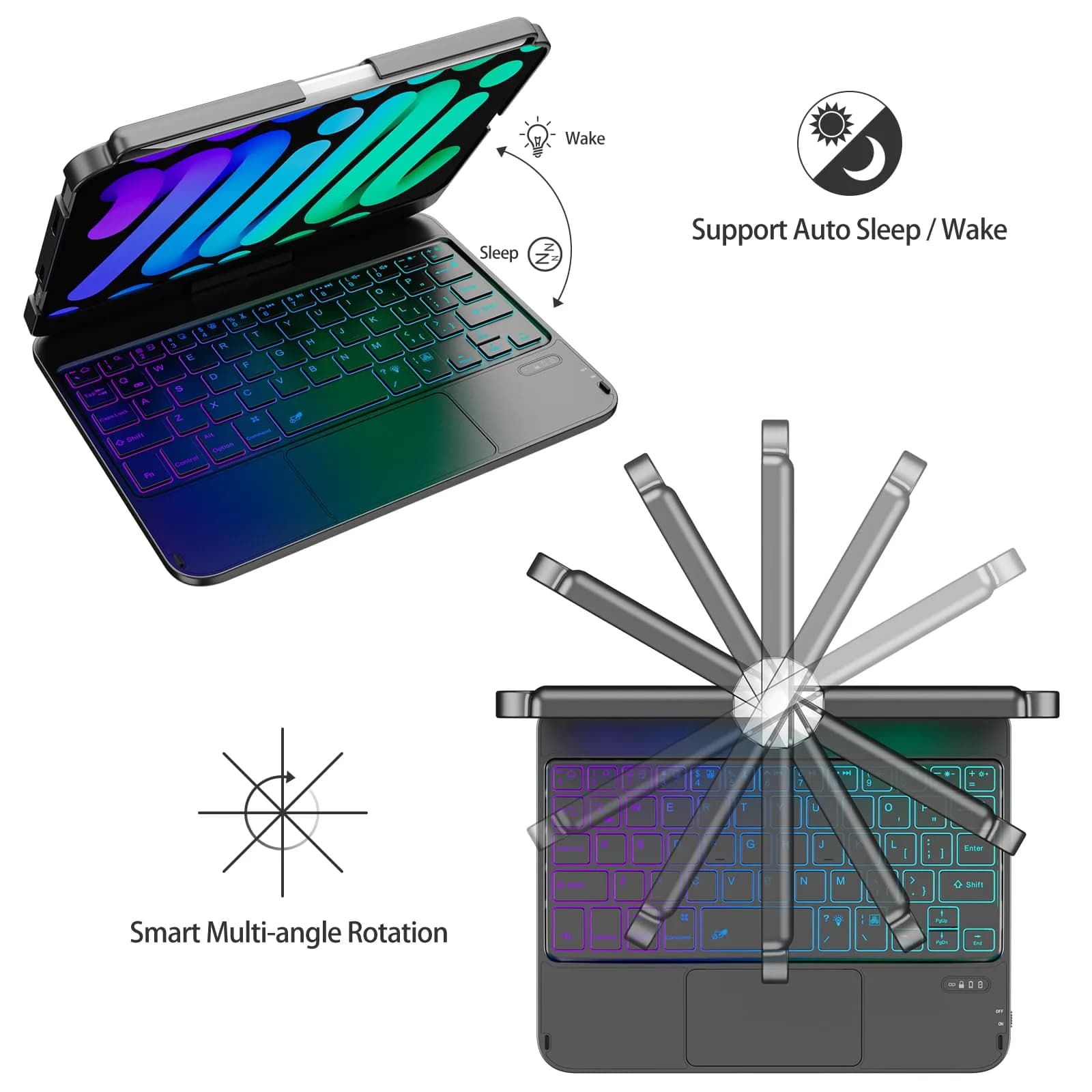 FUWANG Black Touch Keyboard Case for iPad mini 7/6 8.3-inch with Trackpad & Backlit Keys | 360° Rotating Stand - view 9