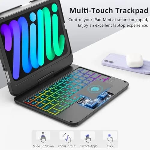 FUWANG Black Touch Keyboard Case for iPad mini 7/6 8.3-inch with Trackpad & Backlit Keys | 360° Rotating Stand thumbnail 3