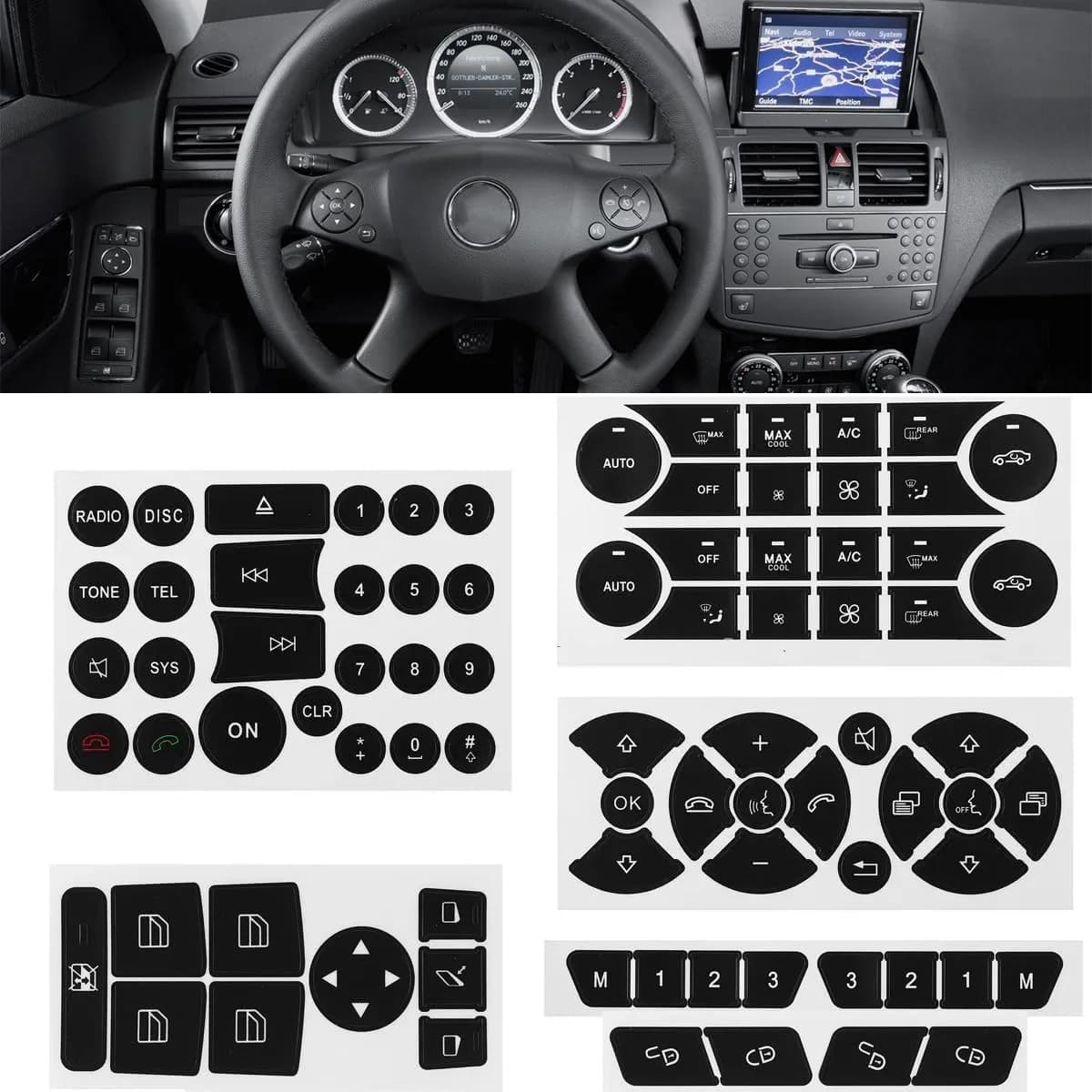 NPSNGSJY Car Button Sticker Fit for Mercedes Benz W204 C-Class 2008-2014 | Interior Decal for Steering & AC Buttons — Model 1