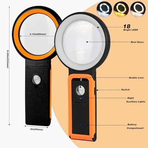 KIBTOY Black Magnifying Glass with Light and Stand, 3.2-inch Glass Lens (8.13 cm) | High Magnification for Seniors Reading thumbnail 5