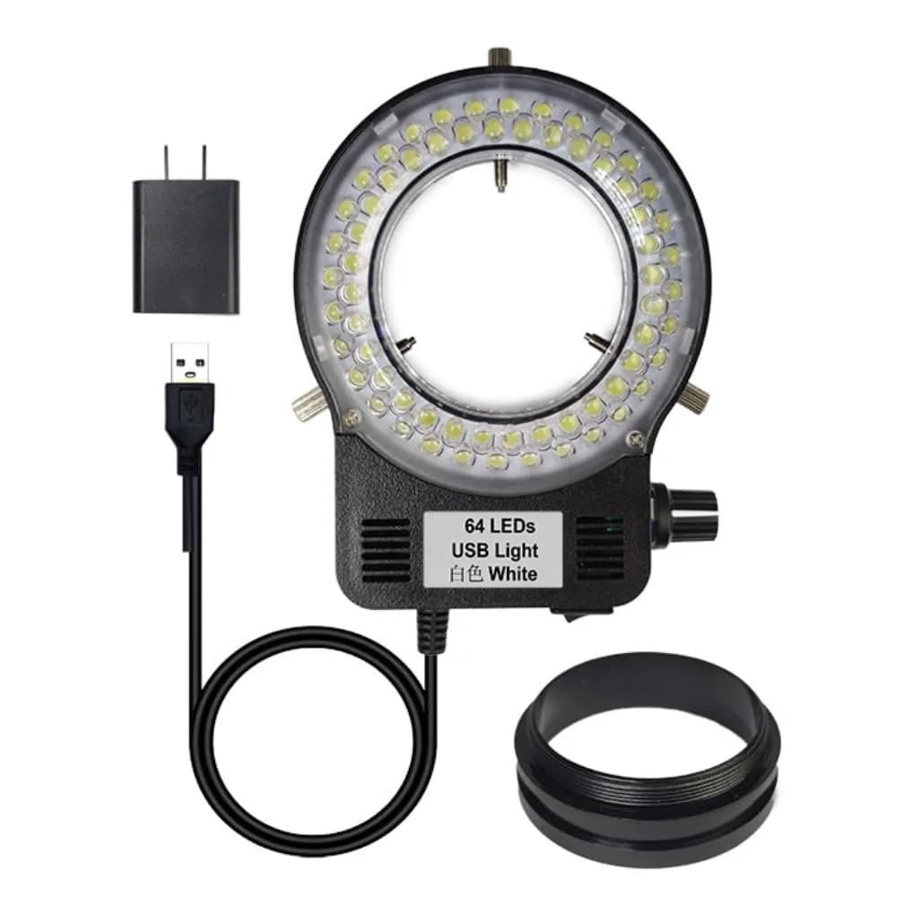 Gringoo 144 LED Ring Light Illuminator for Stereo Microscopes, White Adjustable Ring Light Lamp with 48mm Adapter Ring | Bright Shadow-Free Illumination — 64 Detachable Plug