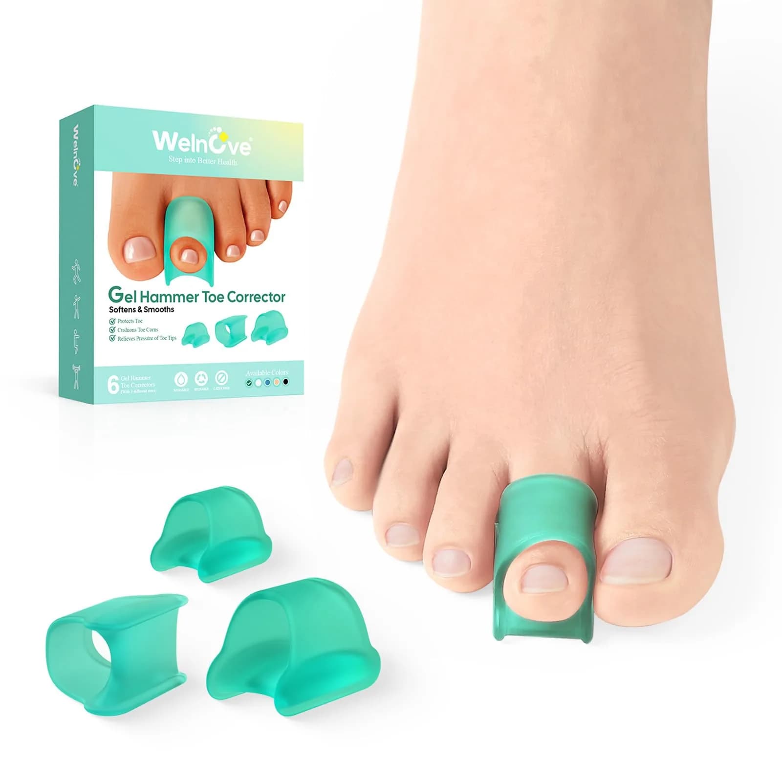 Welnove Hammertoe Corrector 6 Pack Toe Splints - Soft Gel Toe Straighteners for Bent, Curled, Crooked, Claw, Hammer Toes - 3 Different Sizes (Green) — Green