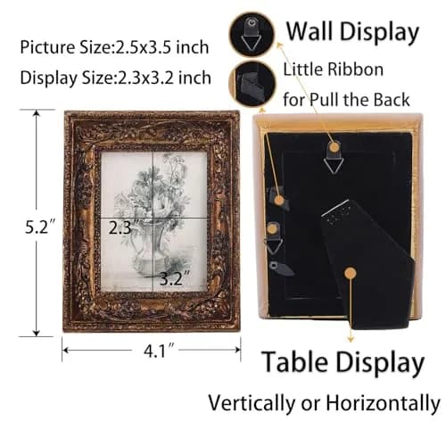 SIKOO Vintage Ornate Picture Frame 2.5x3.5 Inch (6.35x8.89 cm) | Hand-Carved Resin with Glass Front thumbnail 2