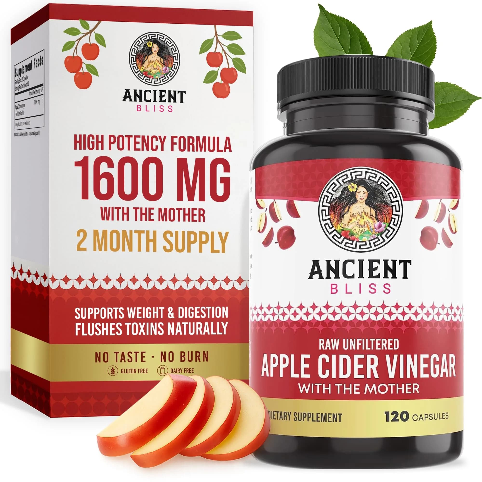 Ancient Bliss Apple Cider Vinegar Organic Capsules with The Mother | Supports Digestion & Weight Management (120 Capsules) — Capsule