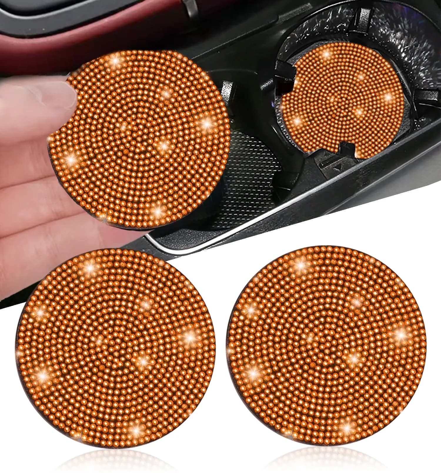 NBTEPEM 2pcs Bling Car Cup Holder Coasters - Orange, 2.75 inch Sparkle & Protect - main product image